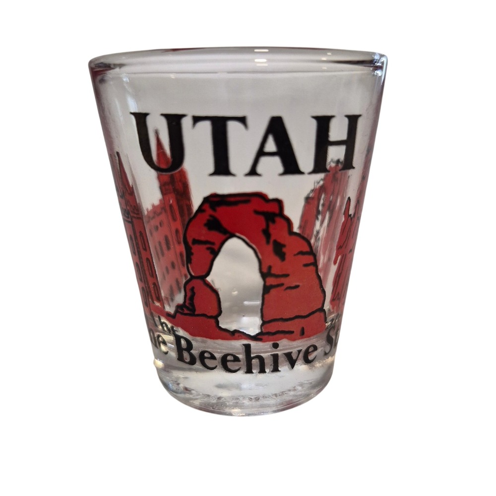 Utah Shot Glass The Beehive State Souvenir Clear Red Taiwan